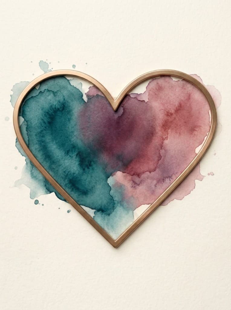 Dual-heart compatibility illustration with teal and rose watercolor pours inside a gold heart frame